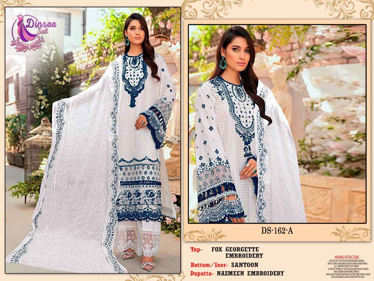 Dinsaa Hit Design 162 Colours By Dinssa Suits 162-A To 162-C Series Pakistani Suits Beautiful Fancy Colorful Stylish Party Wear & Occasional Wear Faux Georgette With Embroidery Dresses At Wholesale Price